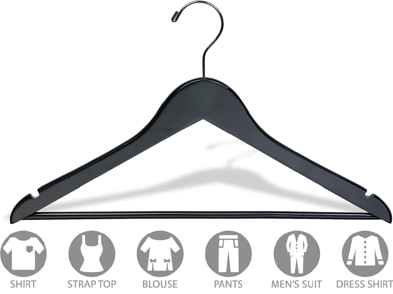 International Hanger Rubber Coated Non-Slip Black Wood Suit Hanger, 50 Pack
