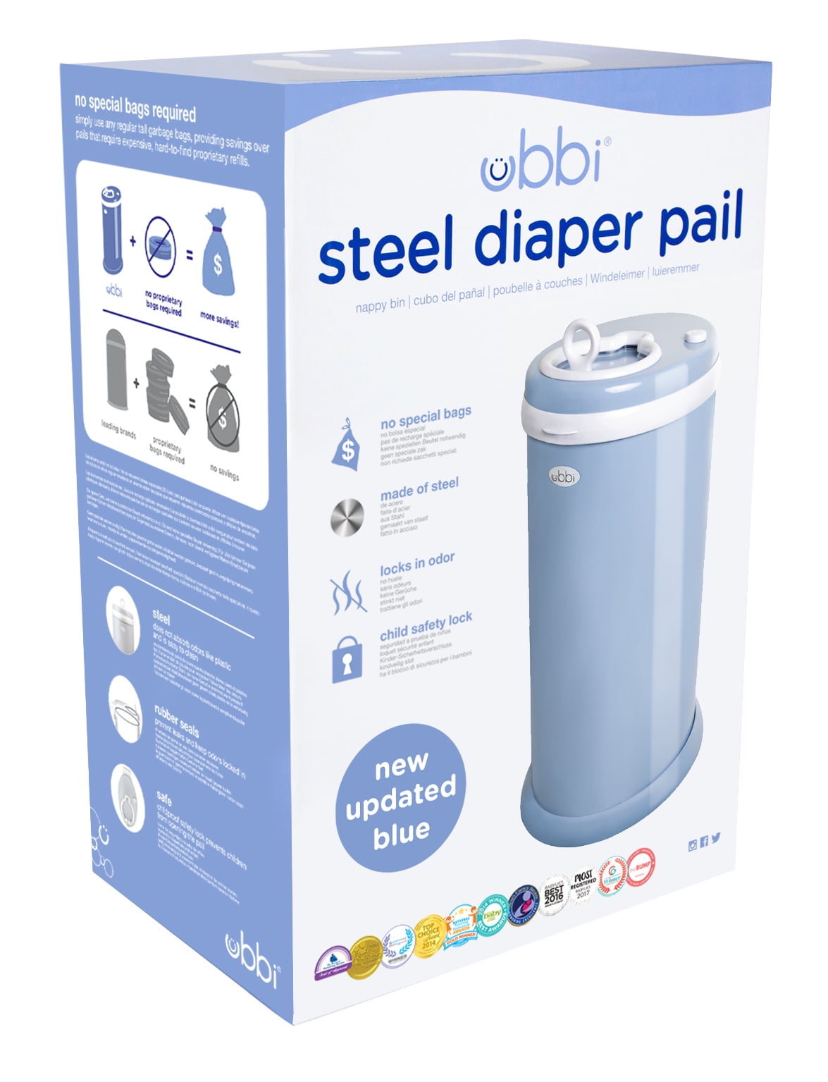 Ubbi Stainless Steel Diaper Pail, Odor Locking, No Special Bag Required, Award-Winning, Registry Must-Have, Cloudy Blue
