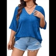 thumbnail image 2 of Camisetas con Cuello en V para Mujer, Blusas de Punto A Rayas de Media , Corte Holgado, Azul Real, Talla 4XL, 2 of 8