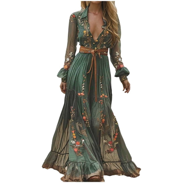Robe Décontractée pour Femmes Robe Longue Maxi à Fleurs - Aguichant Col en V Manches Longues Style Automne à la Mode pour un Usage Quotidien