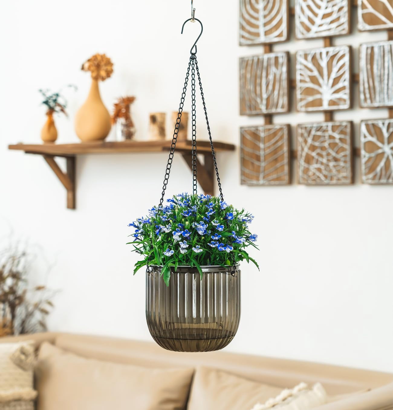 2 Pack Self Watering Hanging Planters 6.5 Inch Indoor Outdoor Flower Pots with Drainage Holes and Hooks for Garden Home Decor