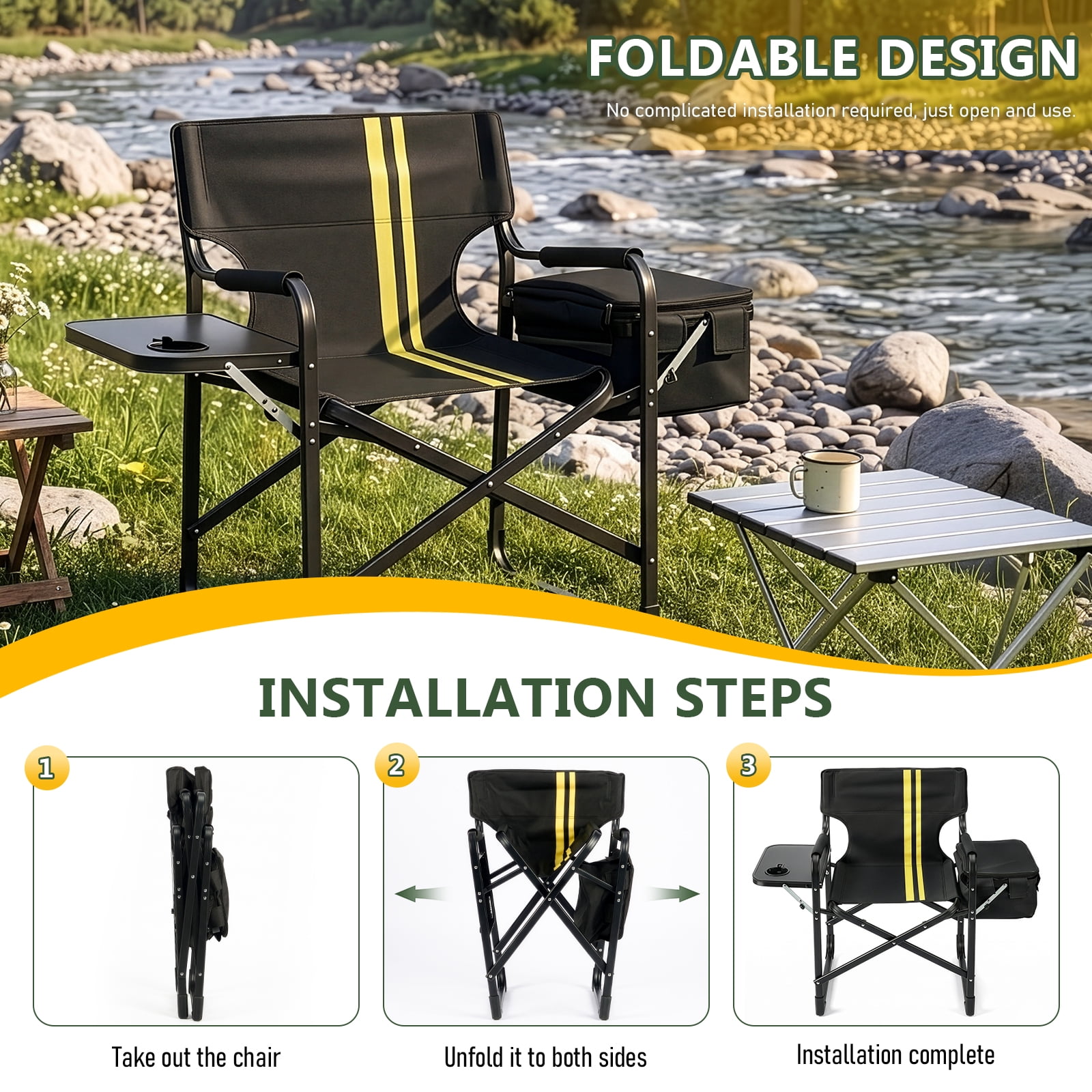 Folding Camping Chair with Side Table & Insulated Cooler Bag, Spray-Coated Aluminum Frame, 265 lbs Capacity Foldable Outdoor Chair for Camping Beach Fishing Picnic, 46.46" x 20.87" x 33.46"