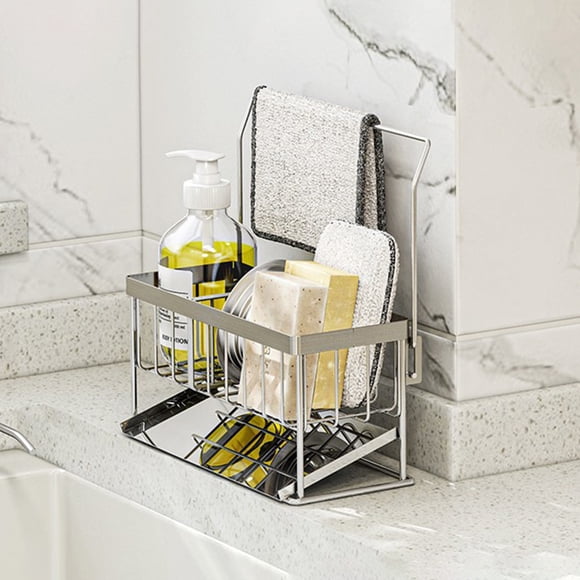 Stainless Steel Sponge Rack Kitchen Sink Organizer | Removable Divider & Hanging Towel Bar | Sloped Water Tray for Drainage | Soap Dispenser Holder | Kitchen and Bathroom Storage Caddy