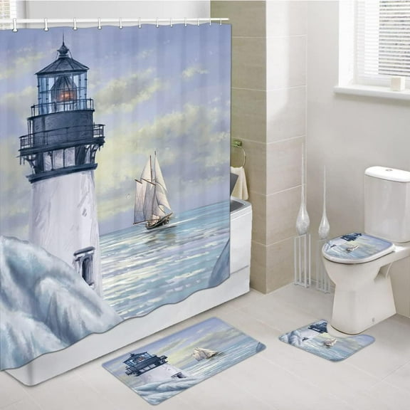 4PCS Set Coastal Lighthouse Shower Curtain,Blue Ocean Sailboat Nautical Shower Curtain Sets for Bathroom Bathtub Decor Accessories with Non-Slip Rugs, Toilet Lid Cover and Bath Mat