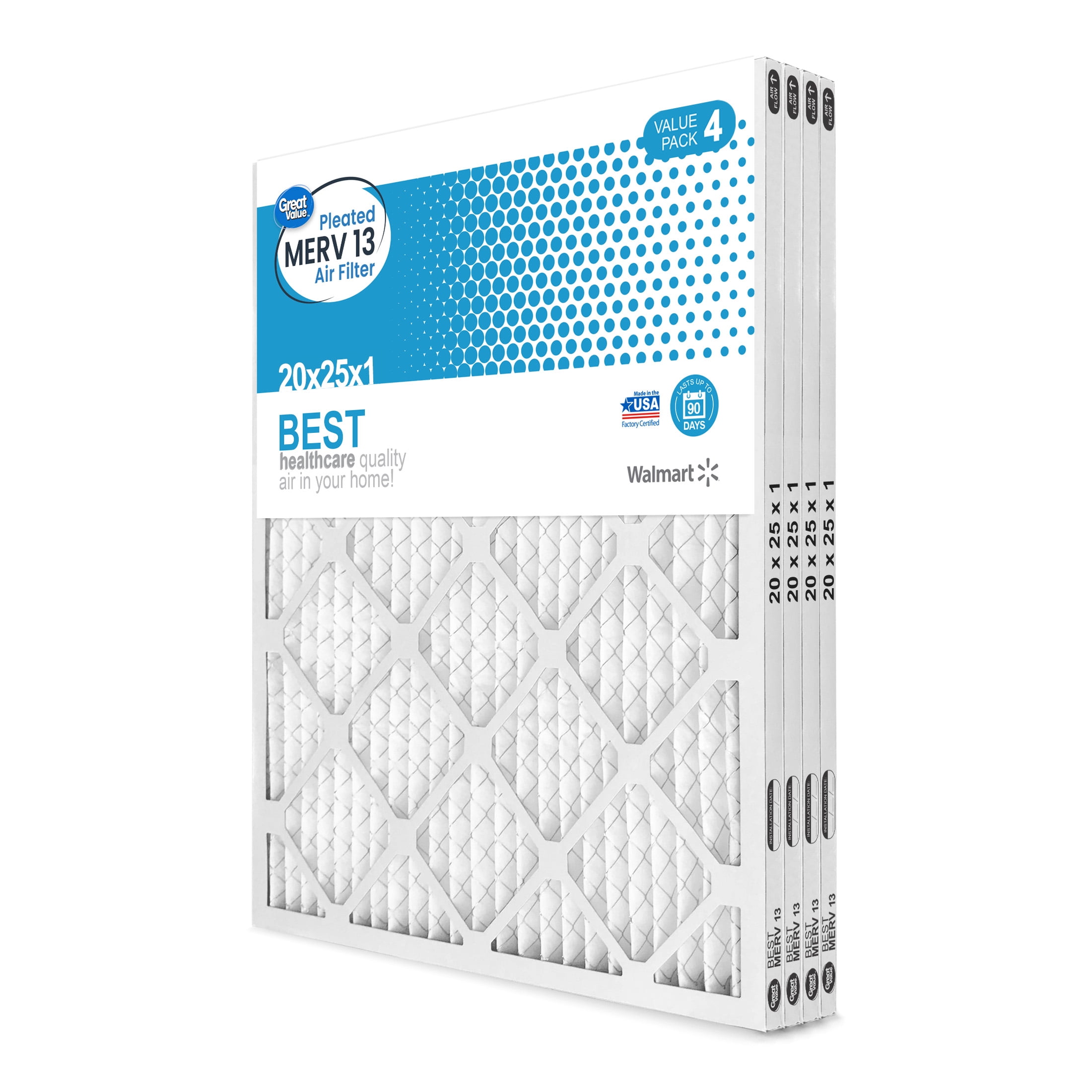 Great Value; 20x25x1; MERV 13 BEST HVAC Air and Furnace Filter; Captures Dust; 4 Filters