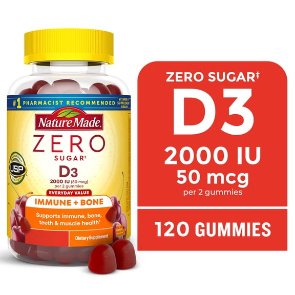 Nature Made Zero Sugar Vitamin D3 Gummies, Sugar Free Gummies, 120 Count