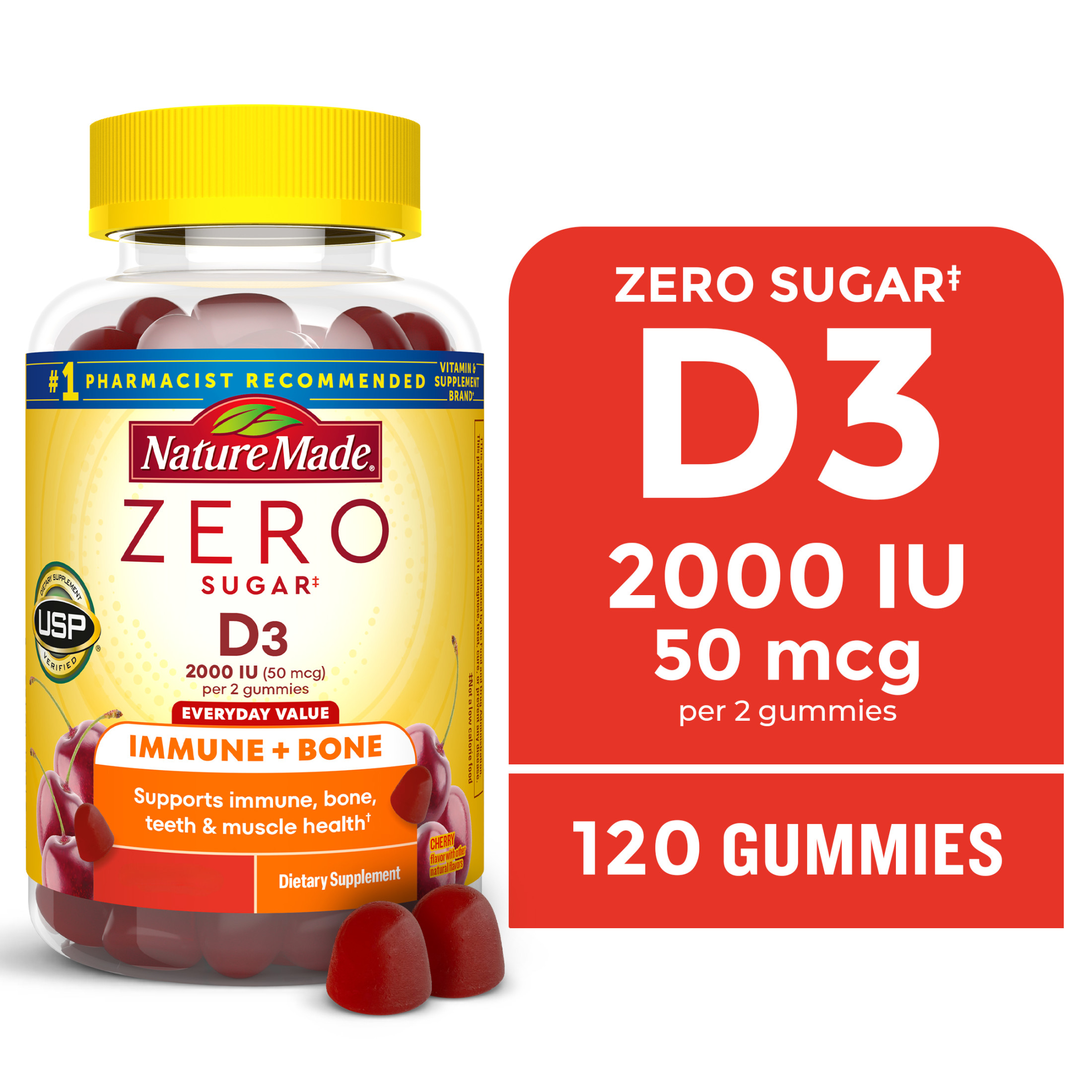 Nature Made Zero Sugar Vitamin D3 Gummies, Sugar Free Gummies, 120 Count