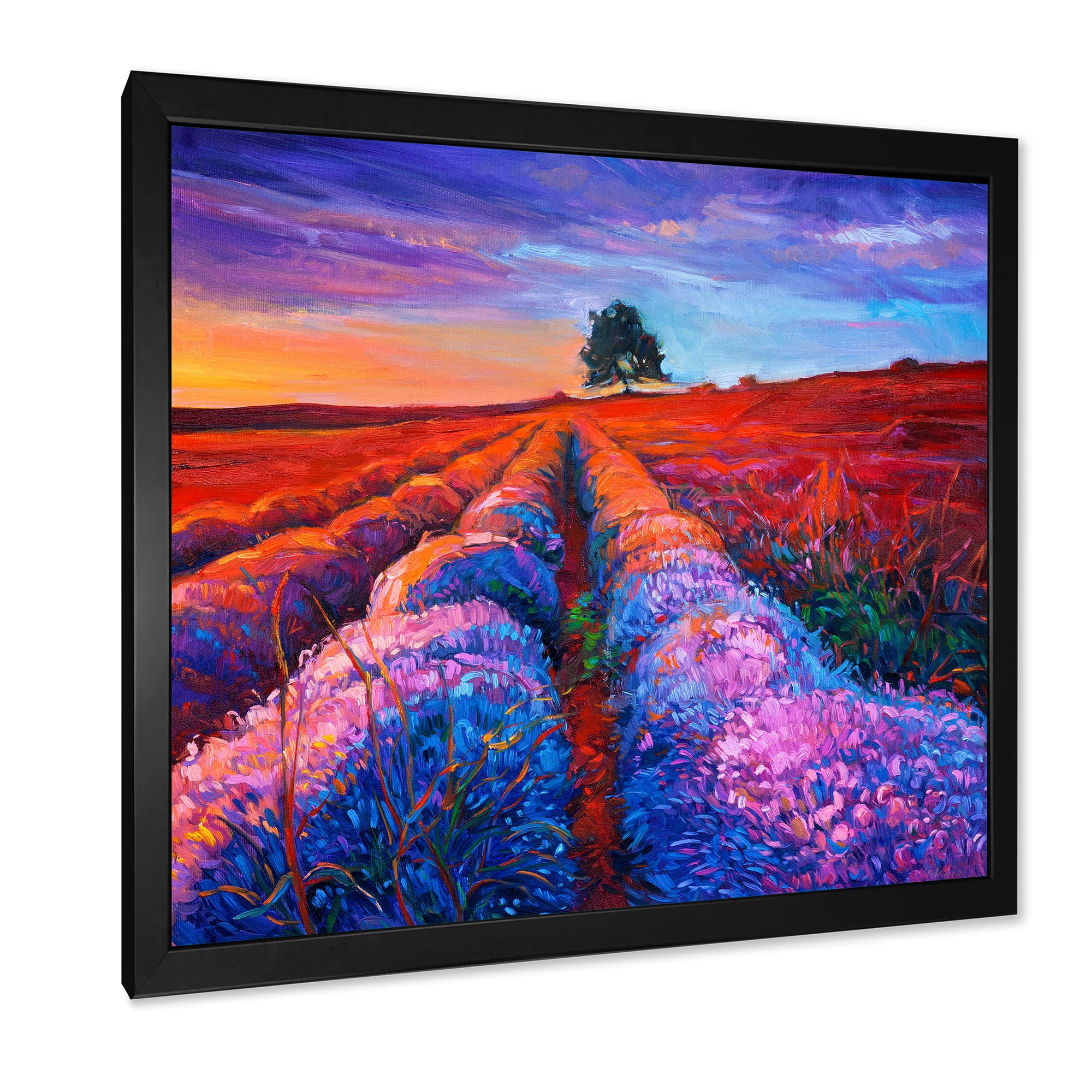 Designart 'Lavender Fields With Distant Tree & Sunset Glow' Farmhouse Framed Art Print