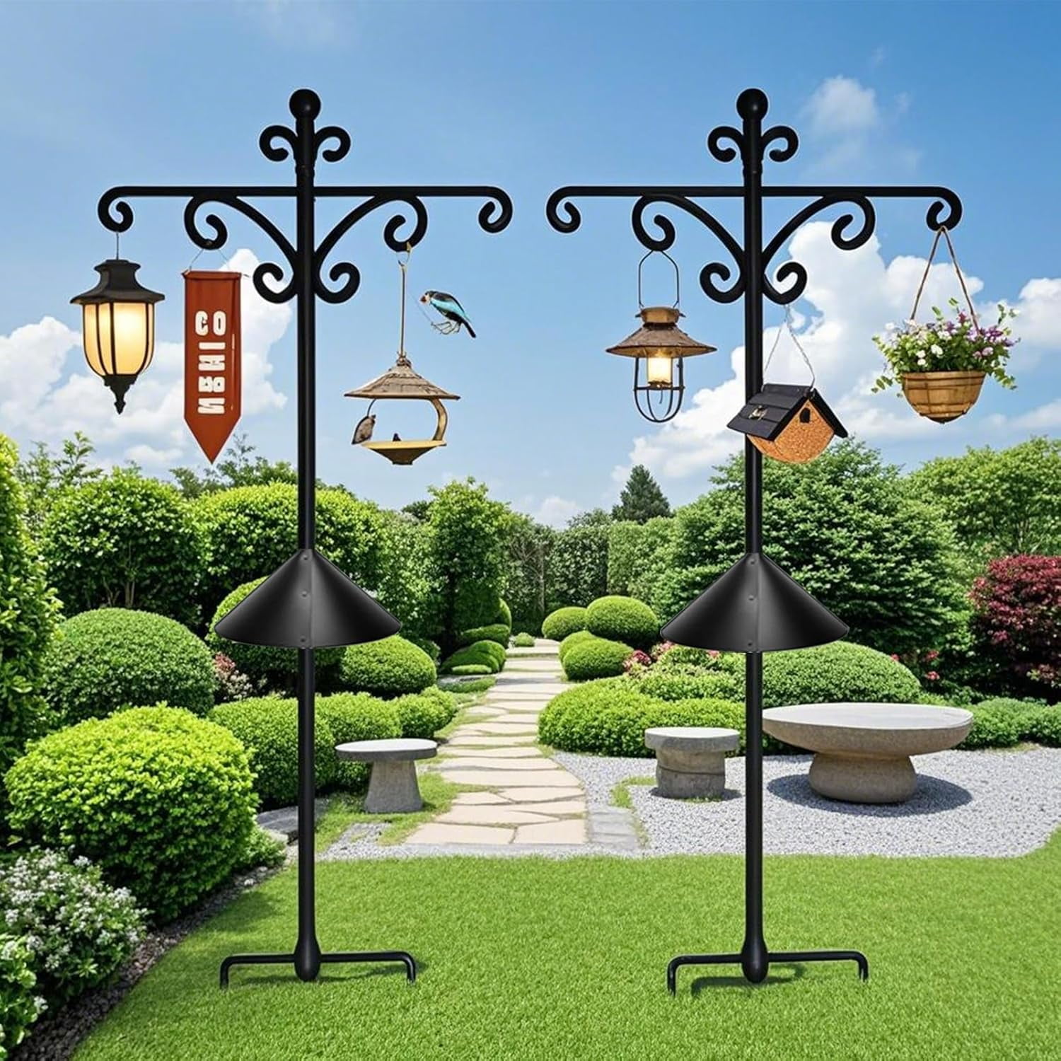 92Inch Shepherds Hooks for Outdoor with Squirrel Baffles – 6 Adjustable Hooks, 5 Prongs Base – Tall Bird Feeder Pole & Garden Stand for Hanging Plants, Lanterns, Hummingbird Feeders (black, 92inch)