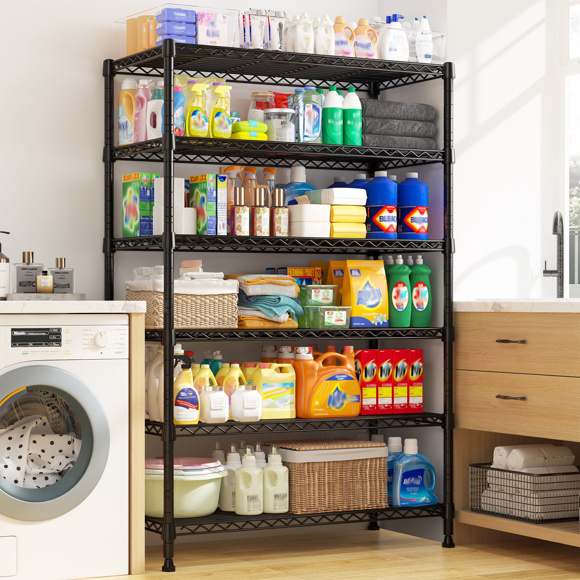 REIBII 6-Tier Wire Shelving Unit,1200 lbs Adjustable Metal Storage Rack for Kitchen Pantry Laundry,14"D x 29"W x 71"H,Space-Saving Shelves for Home Organization,Black