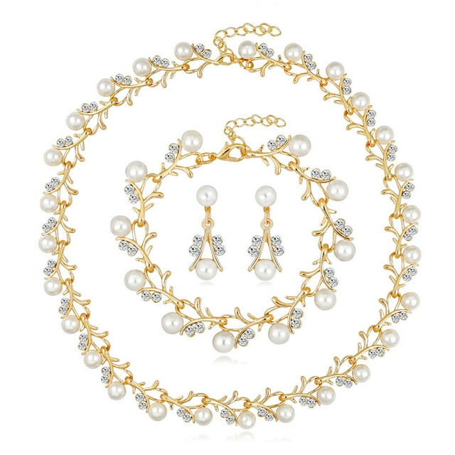 Qarigey de cristal de perla de imitación de moda, collar de boda ajustable clásico, pendientes, juegos de joyas de diamantes de imitación para Ropa, zapatos y accesorios Miscelánea Tipo 1 Qarigey AP012339-01