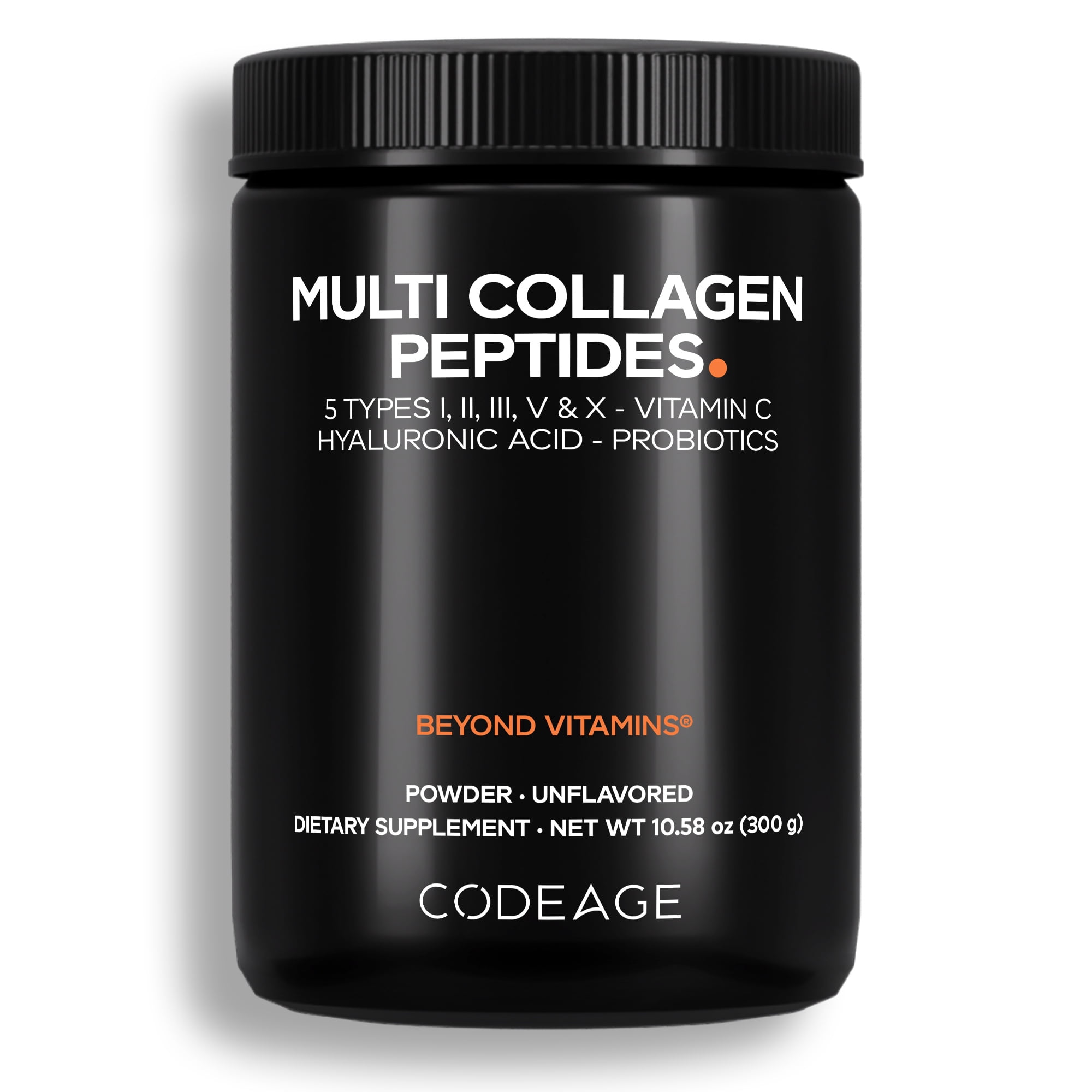 Codeage Multi Collagen Peptides + Probiotics Black Edition, Vitamin C, Hyaluronic Acid, 10.58 oz