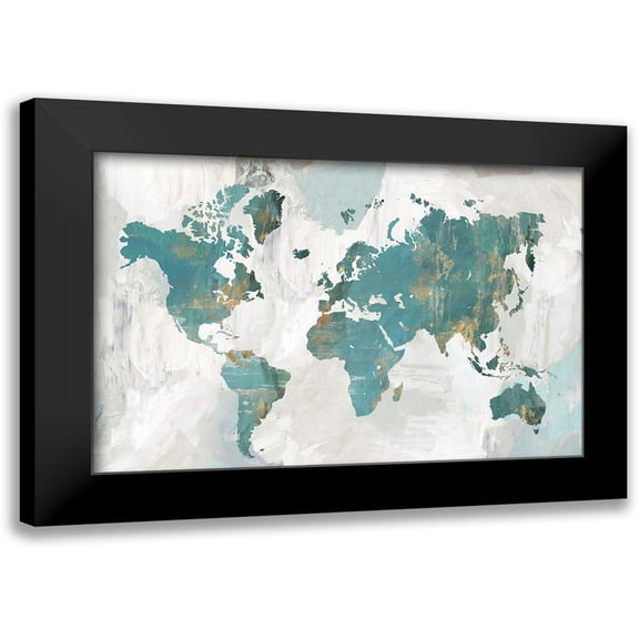 Collabera, Pamela 14x11 Black Modern Framed Museum Art Print Titled - Teal World Map