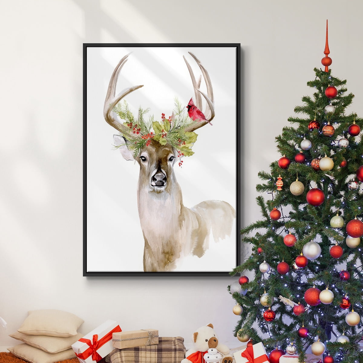 Holiday Deer I - Framed Gallery Wrapped Holiday Canvas - 17 x 25 - Black Frame
