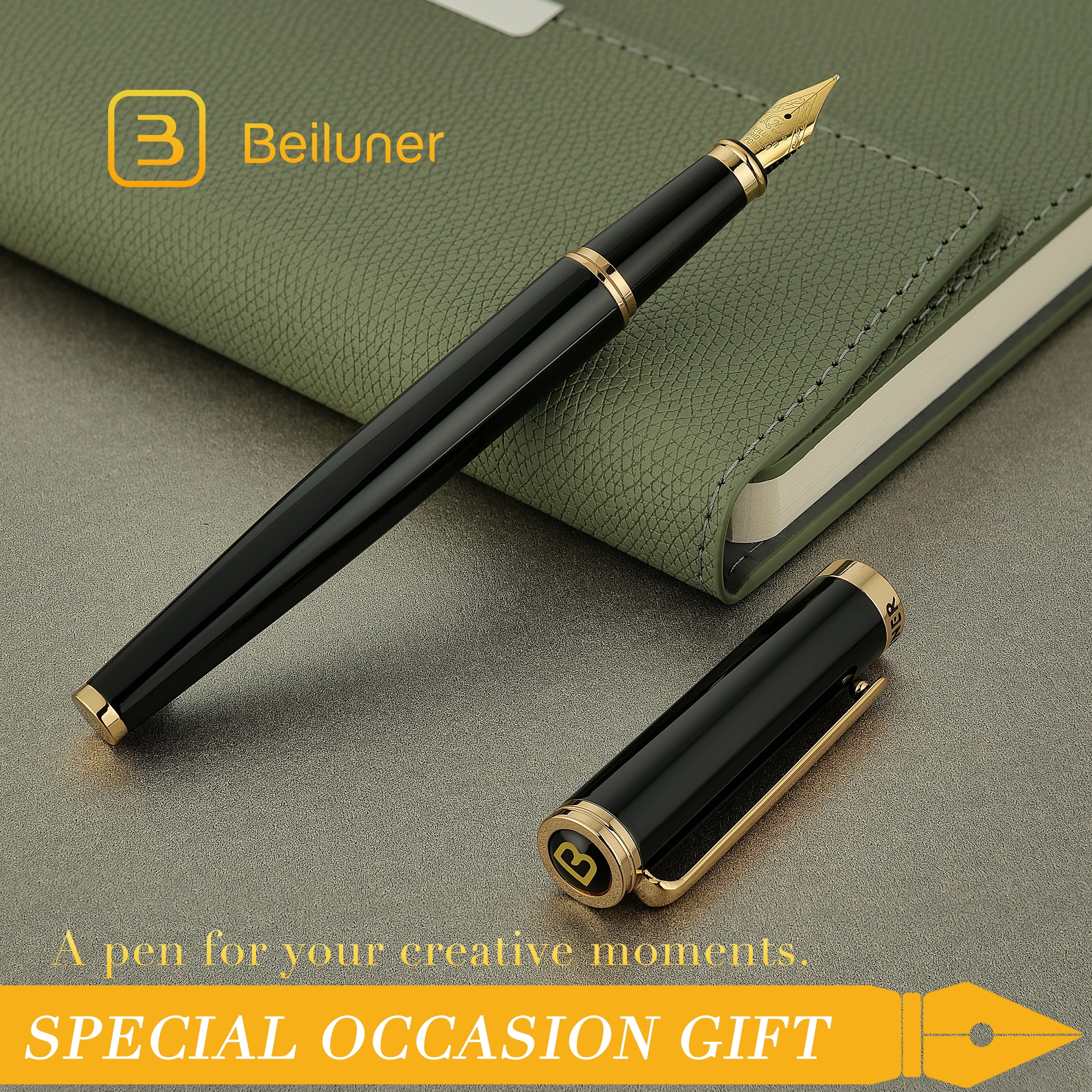 BEILUNER Black Fountain Pen,Stunning Luxury Pen,24K Gilded Nib(Medium),Gorgeous 24K Gold Finish,German Schneider Ink Converter,Trustworthy Pen Gift for Men&Women-Elegant, Office,Nice Pen for Writing