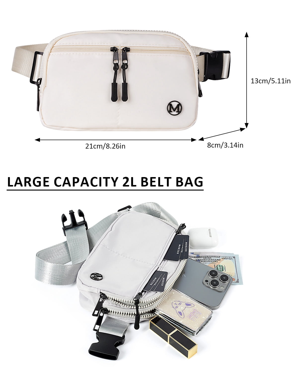 Mokzer Fanny Pack 2L Belt Bag Crossbody Waist Bag for Women Men with Adjustable Strap, 5-Zipper Pockets Waterproof Fanny Packs for Travel Running Hiking Beige