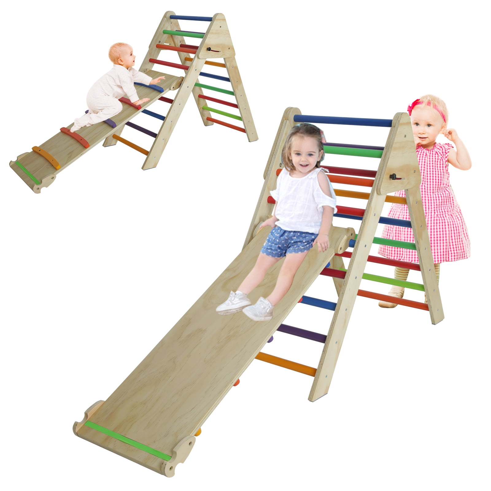 Multicolor Pikler Triangle with Ramp & Slide, Foldable 2-in-1 Wooden Climbing Ladder, Montessori Play Gym for Toddlers Kids 1-7