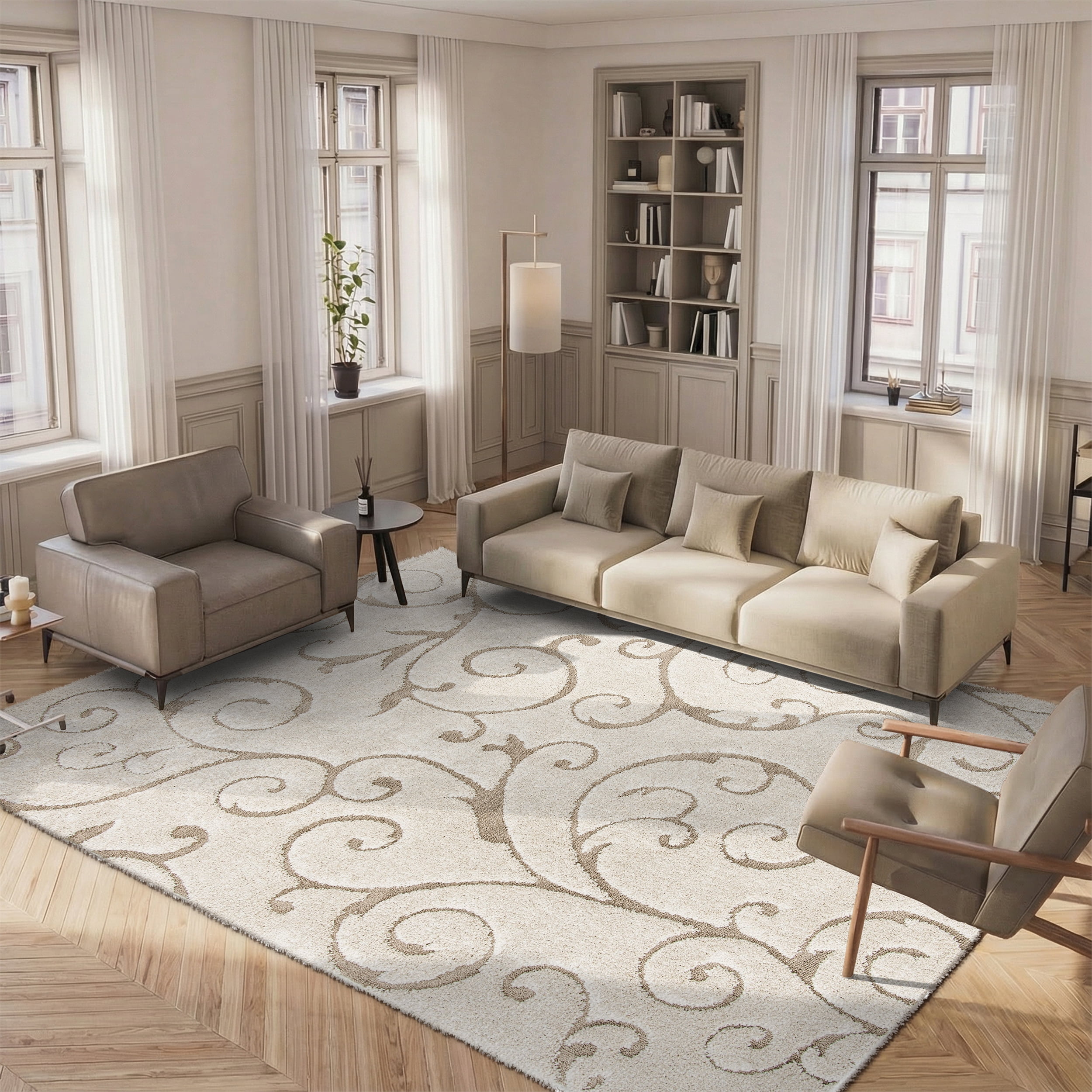 SAFAVIEH Florida Doug Floral Vines Geometric Shag Area Rug, Cream/Beige, 8' x 8' Square - Transitional Modern Design, Cream & Beige, Non-Shedding & Easy Cleaning, Ultra Plush Thick Pile, Ideal for Li