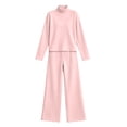 thumbnail image 5 of fheaev Two Piece Set for Women Solid Color Turtleneck Top High Waist Drawstring Wide Leg Pants Fall Winter Warm Outfit Pink,XL, 5 of 7