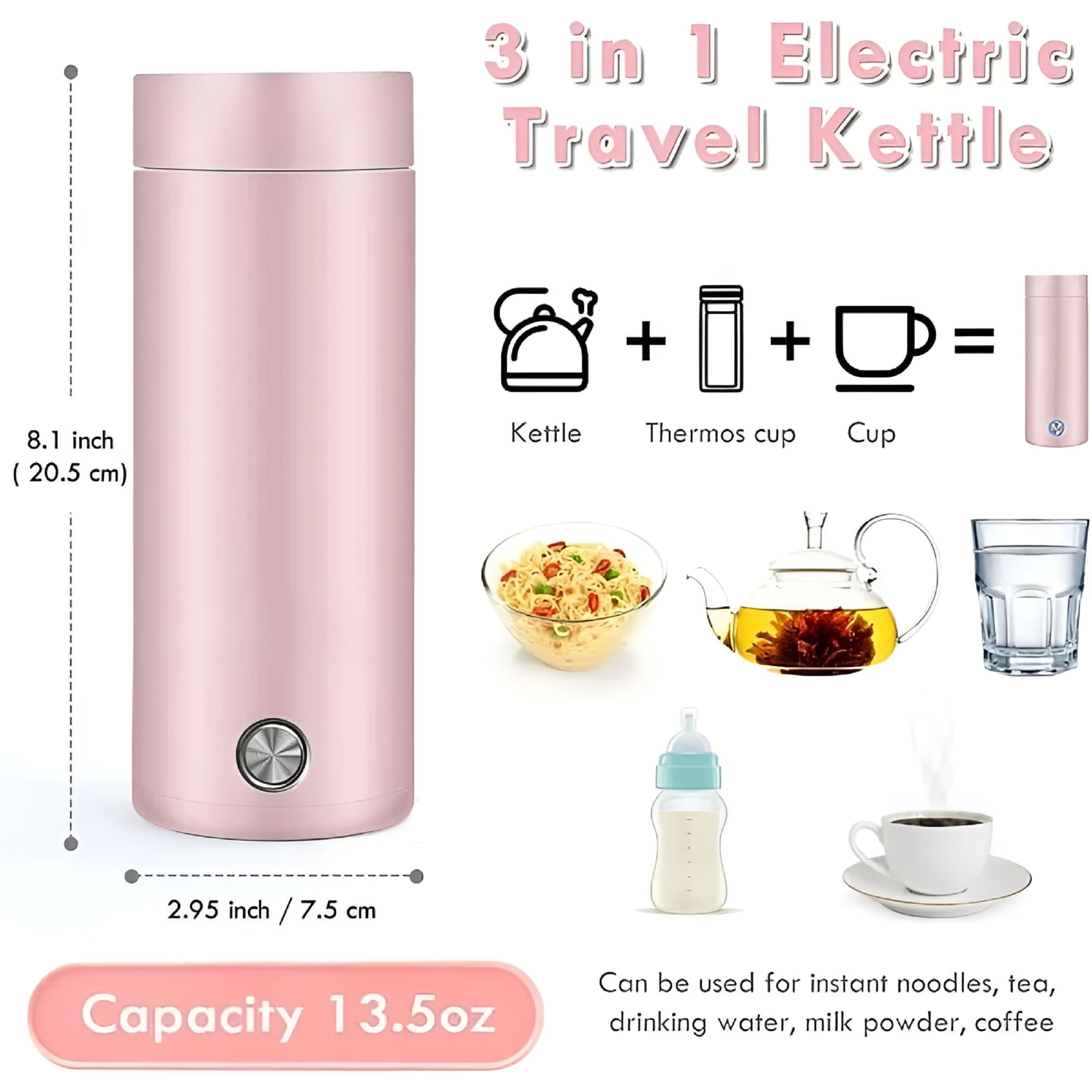 HIBIBUD 2026 New Portable Electric Kettle,400Ml Travel Tea Kettle with Non-Stick Coating,Double Wall Water Boiler Bottle,Insulated Coffee Thermos Mug,Fast Boil&Auto Shut Off Hot Water Heater (Pink)