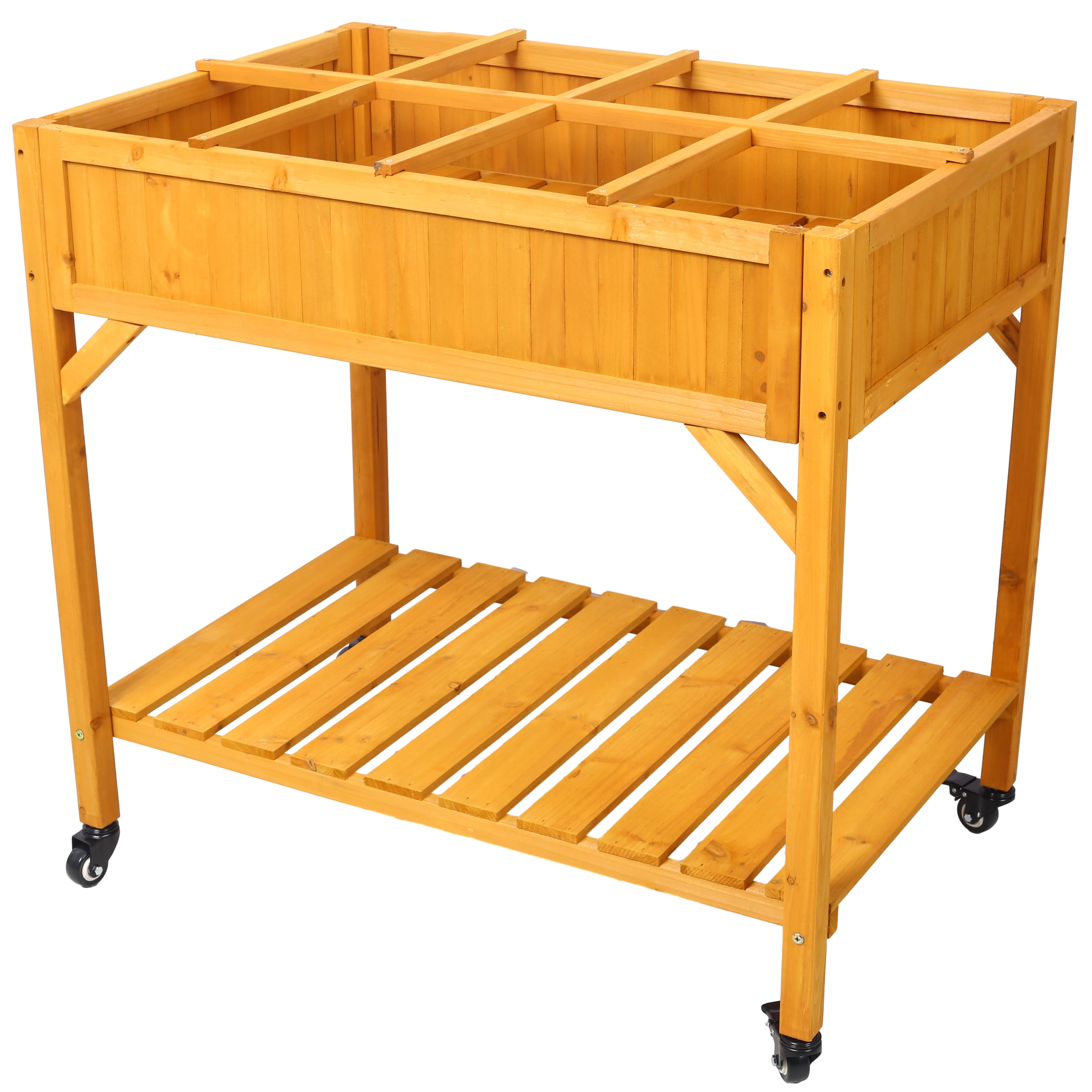 Elevated 8 Pocket Herb Garden Bed Mobile Raised Wooden Planter w/ Lockable Wheels Storage Shelf Fir Wood Material 36" x 24.25" x 34.625"