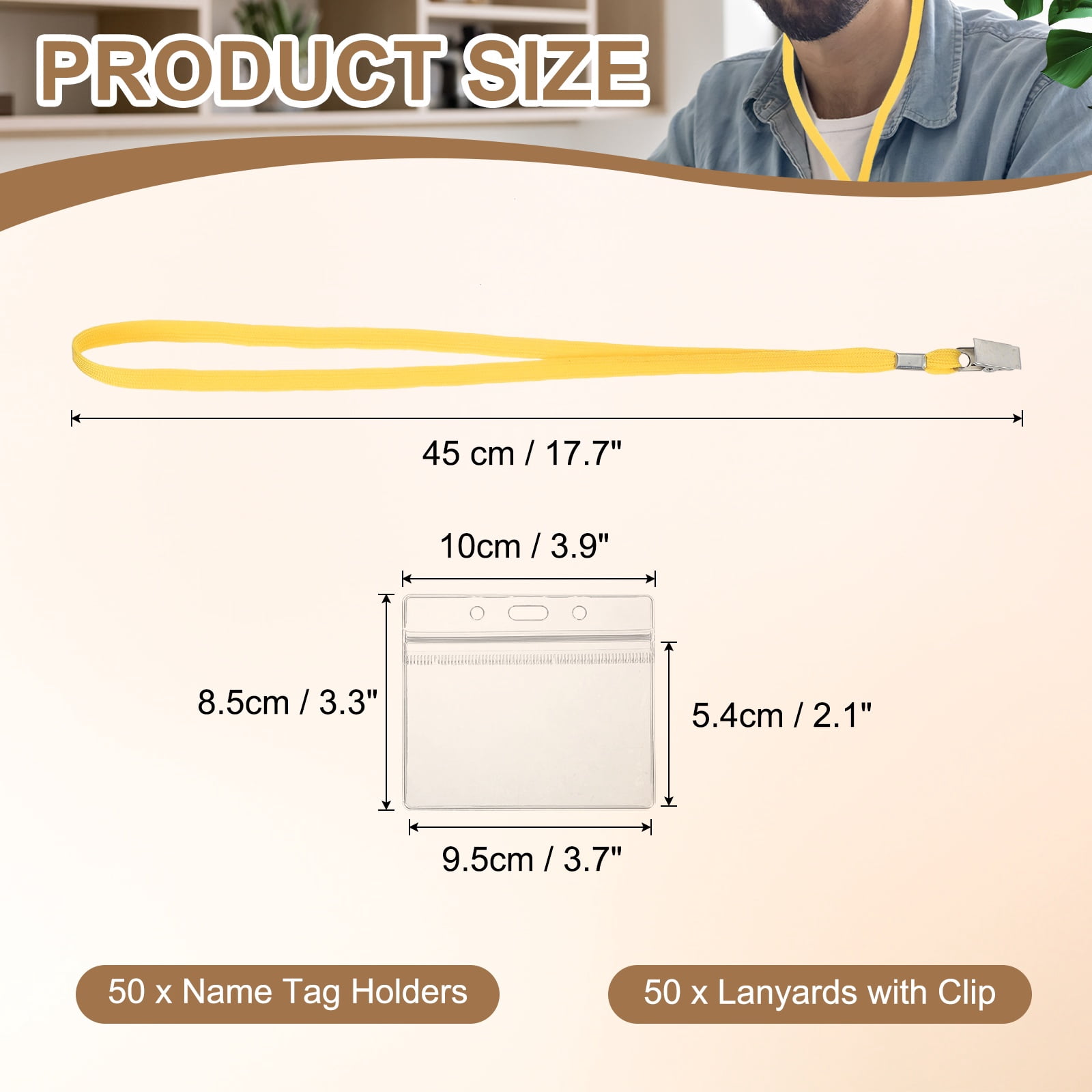 Uxcell 50 Set Name Tag Holders with Lanyard, Plastic Waterproof Horizontal Badge Holder with Alligator Clip Lanyards for ID Badges Office Teacher Events Meetings, Yellow(4x2 Inch)