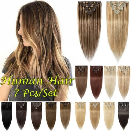 S-noilite 7 Pcs/Set Clip In Human Hair Extensions Women Girls Long Straight Full Head Human Hair Extension 7 pcs Dark (The Best Human Hair Extensions)