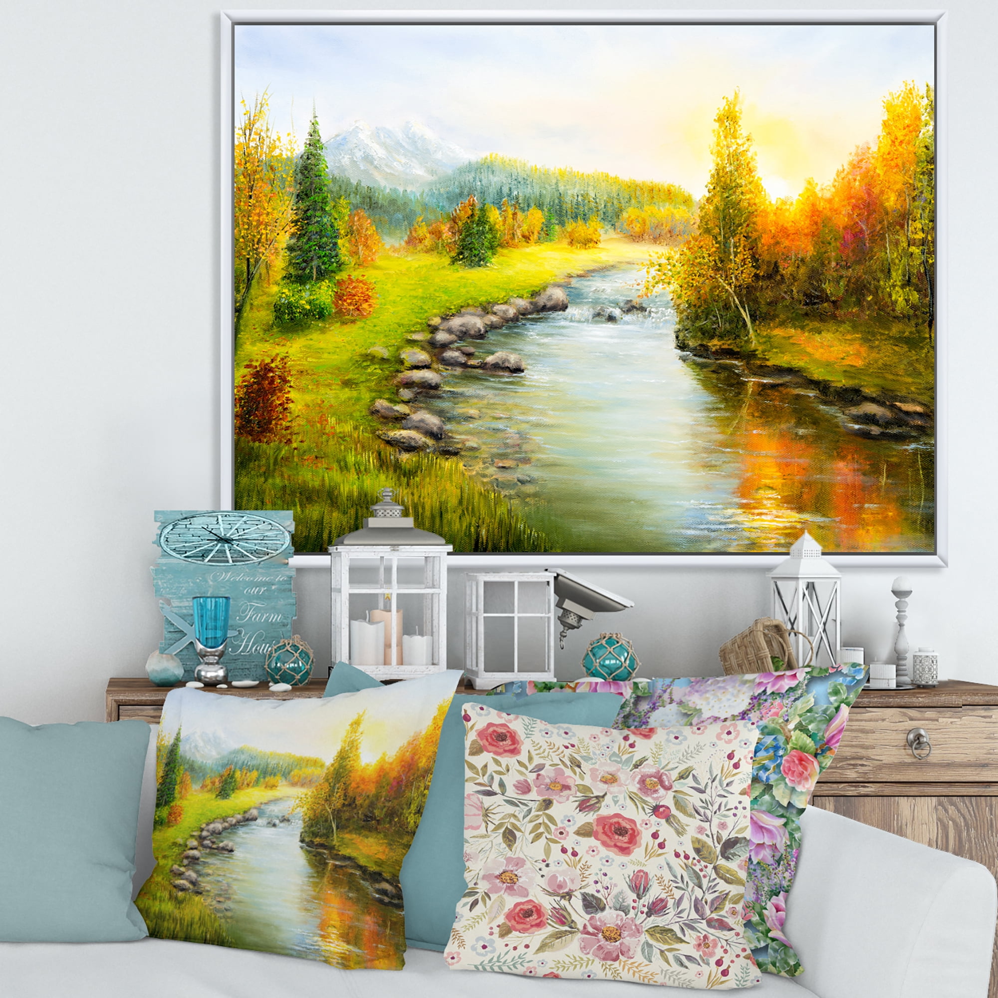 Designart 'Autumn Landscape With Forest River and Mountains' Lake House Framed Canvas Wall Art Print