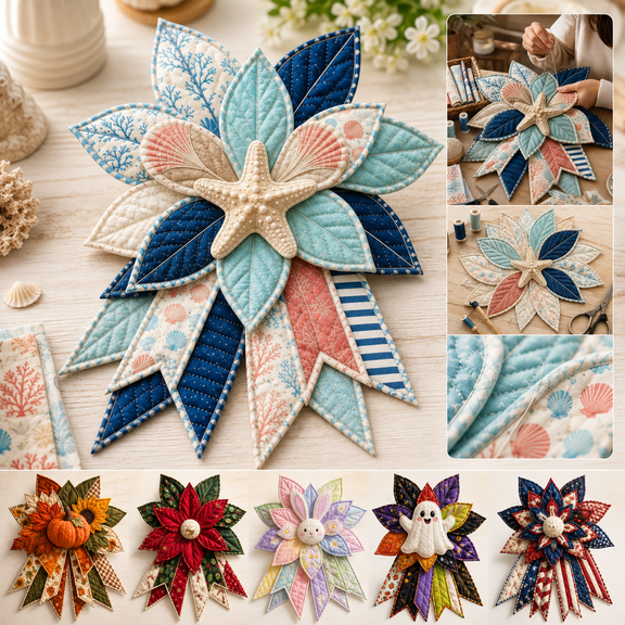 Oversized Seasonal Quilted Door Bow DIY Sewing Kit, 15.75 Inch Patchwork Fabric Craft for Front Door Wall Porch Mantel Decor, Beginner Sewing Project, Multiple Designs