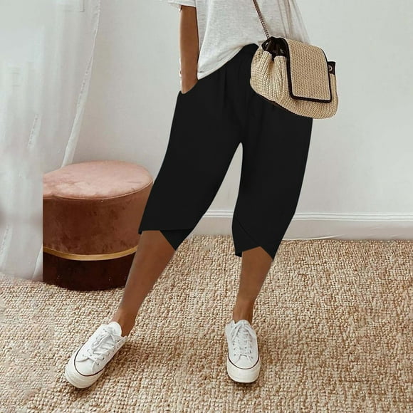 Bunenne Linen Pants for Women Bermuda Shorts Women's Knee Length Short Pants Ladies Loose Drawstring Casual Solid Color Shorts Long Shorts for Women Beach Shorts for Women Black 3XL