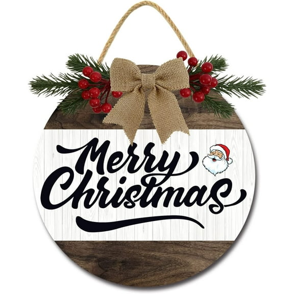 Eveokoki 12" Merry Sign Christmas Decoration， Wooden Christmas Wreaths for Front Door Christmas Decor for Home Wall Farmhouse Holiday Outdoor Indoor