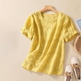 thumbnail image 2 of Charella Ladies Cotton Linen Tops Casual Trendy Eyelet Crew Neck Short Sleeve T Shirts Summer Hollow Solid Color Blouses (L, Yellow), 2 of 3