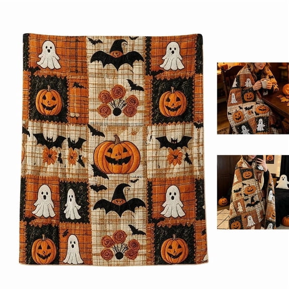 Halloween Pumpkin Ghost Bat Print Flannel Blanket, Patchwork Plaid Design,Soft Microfiber, Lightweight Warm, Fall Seasonal Decor Blanket for Sofa Couch Bedroom Bed Dorm