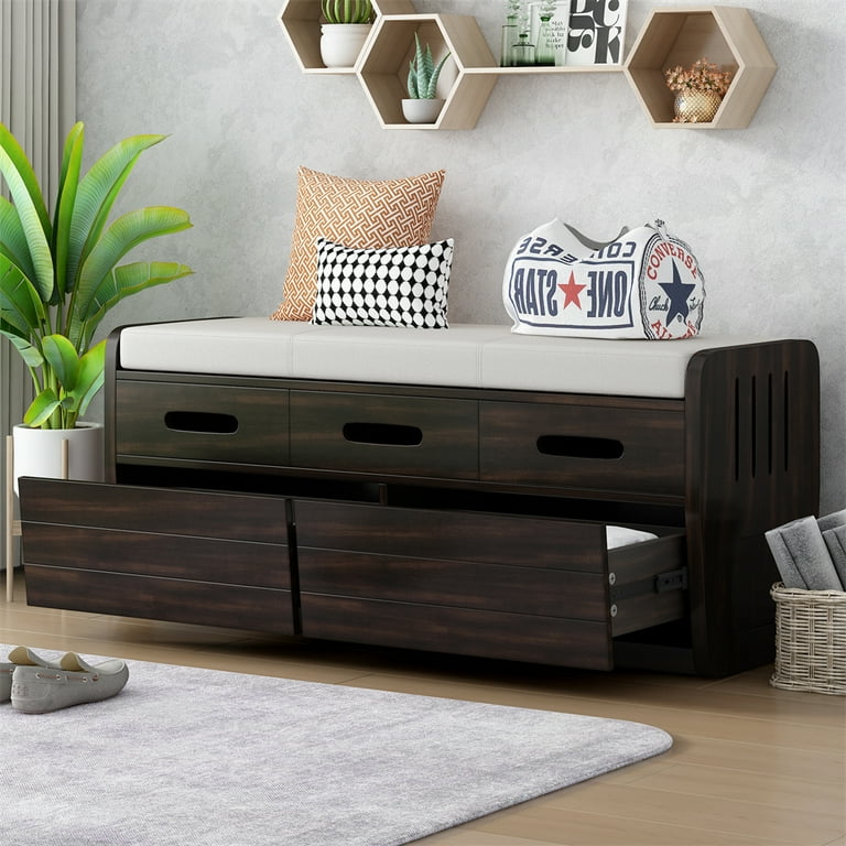 Shoe Storage Bench with 2 Pull out Drawers and 3 False Drawers at The Top Wood Shoe Bench with Cushion Hidden Storage Space Shoe Bench for Living