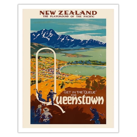 New Zealand - Playground of the Pacific - Get in the Queue for Queenstown - Vintage Travel Poster c.1930 - Fine Art Matte Paper Print (Unframed) 11x14in