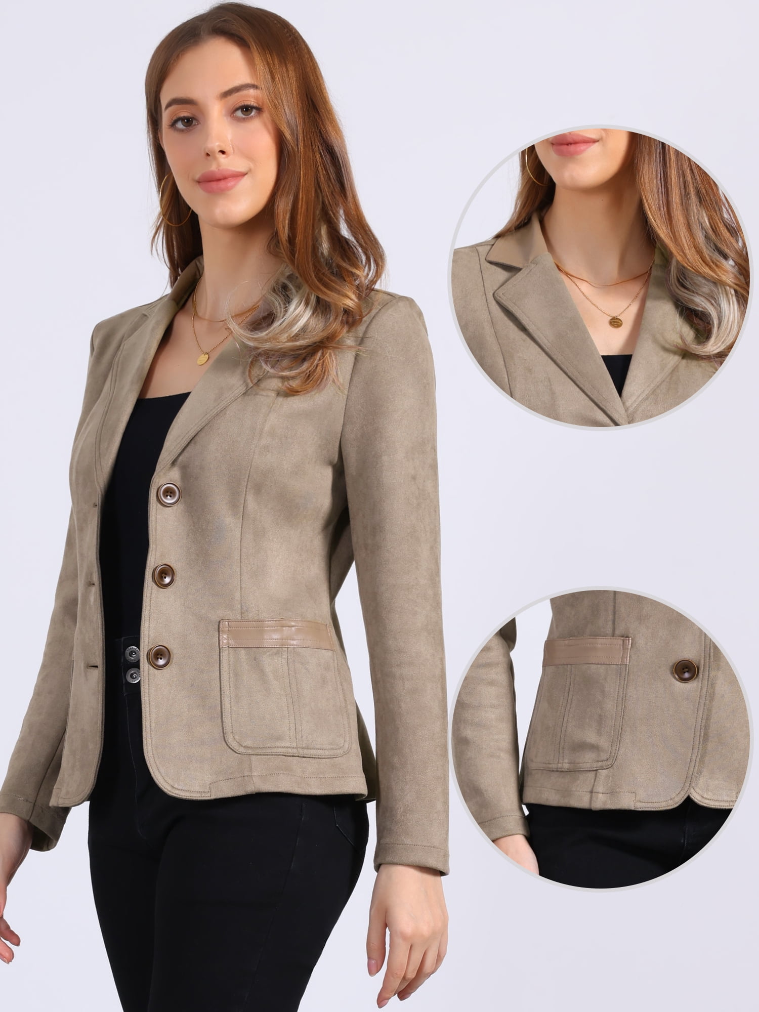 DARING DIVA Women's Faux Suede Lapel Collar Button Down Long Sleeve Blazer XL Desert Tan