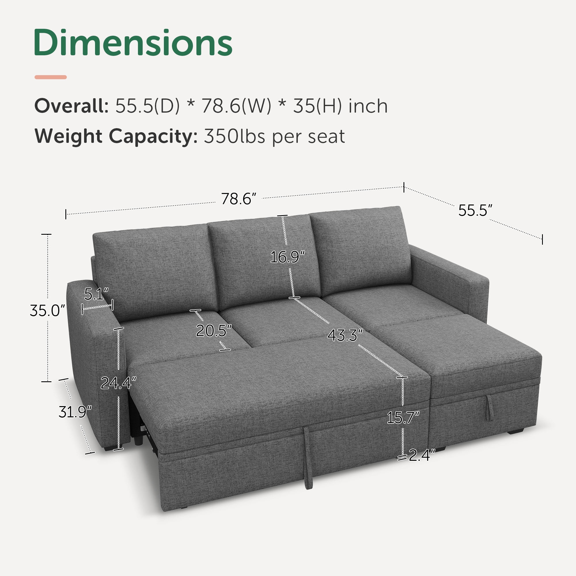 HONBAY 79" Reversible 3 Seat Compact L Shaped Sectional Sleeper Sofa with Pull Out Bed and Storage, Breathable Linen Gray