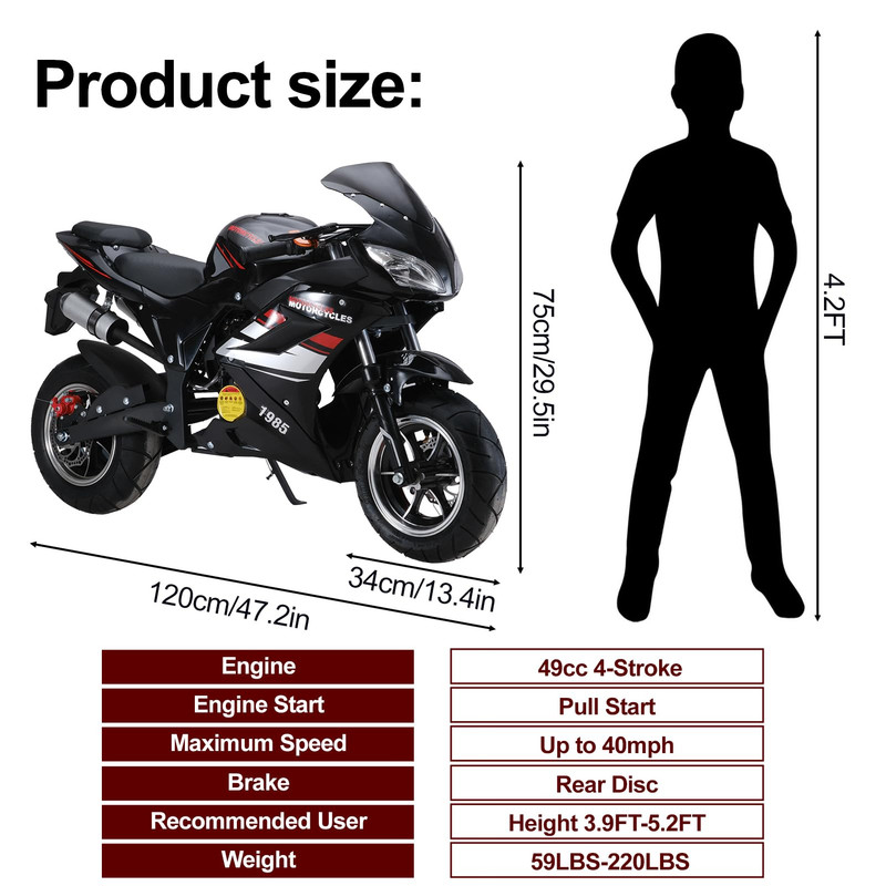 WETS 49cc Kids Dirt Bike, 4-Stroke Gas Power Motocross High Brightness Mini Motorcycle Strong Power Dual Headlights Rubber Handlebar Over 8 Years Old Kids Pocket Gas Motorbike