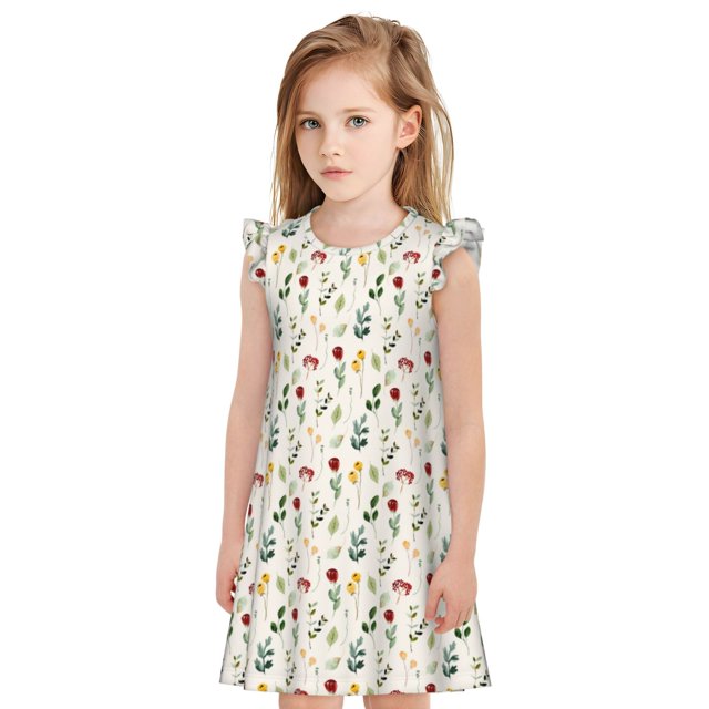 Fotbe Mini Wildflower Watercolor Vestido de Dormir para Niñas de 3 a 10 Años, Mangas Cortas, Estilo Princesa, Pijama Camisón con Mangas Voladas-Small