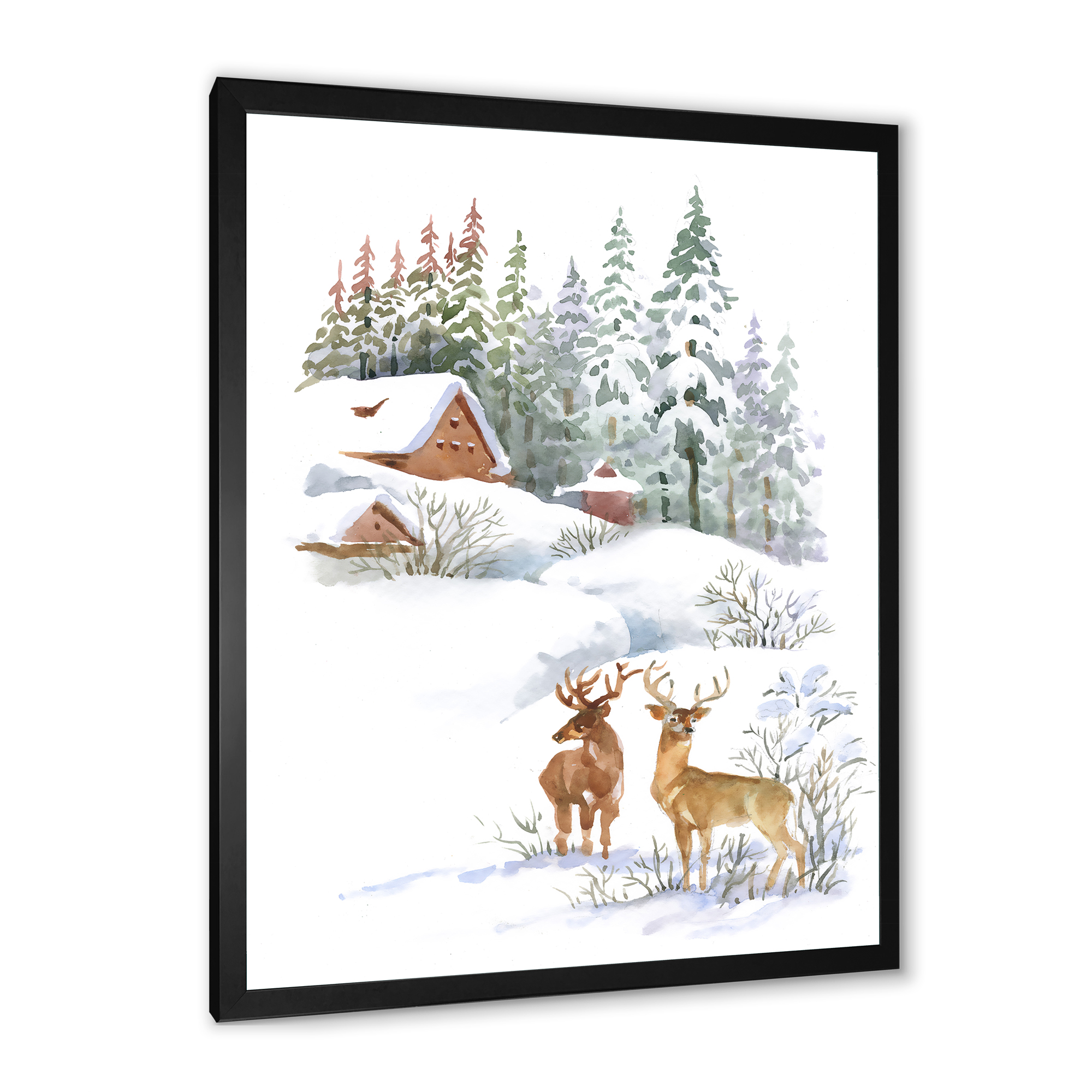 Designart 'Two Deers With Winter Cottage' Farmhouse Framed Art Print