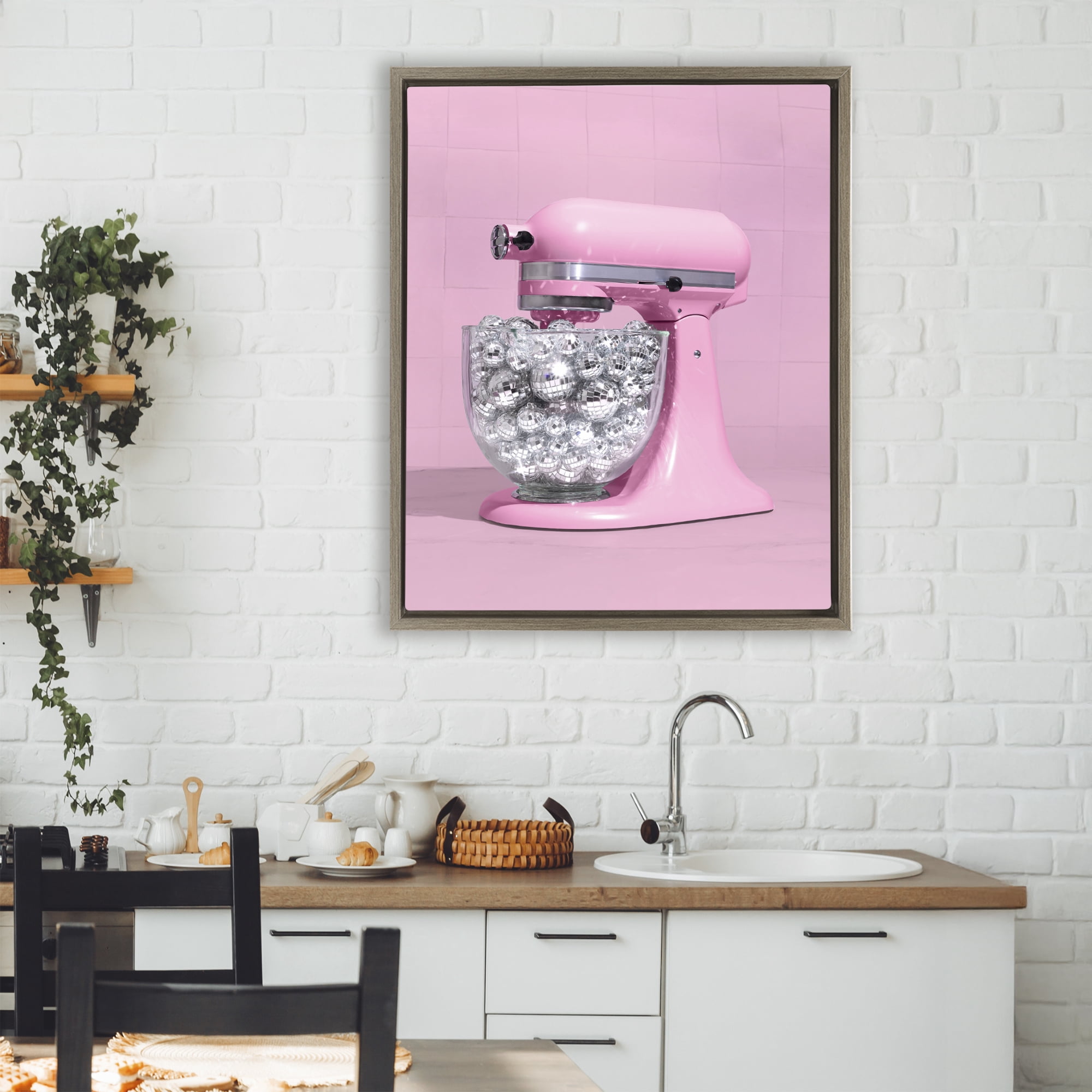 Stupell Industries Disco Kitchen Mixer over Pink Brown Framed Floater Canvas Wall Art, design by LISH Creative