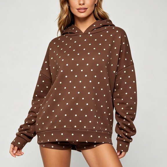 Uobin Women’s Polka Hooded Shorts Two Long Sleeve Oversized Hoodie And Matching Shorts Y2K Sweatsuits