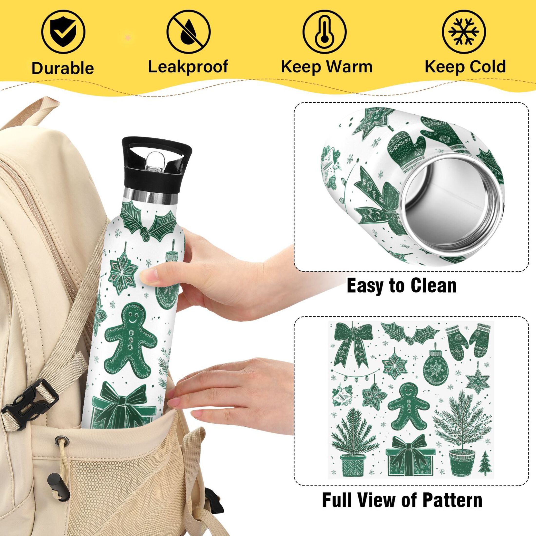 600ML Stainless Steel Insulated Cup Sports Water Bottle Portable Thermos Cup Water Glasses Insulated Tumblers Convenient and Durable Cartoon Gingerbread Man