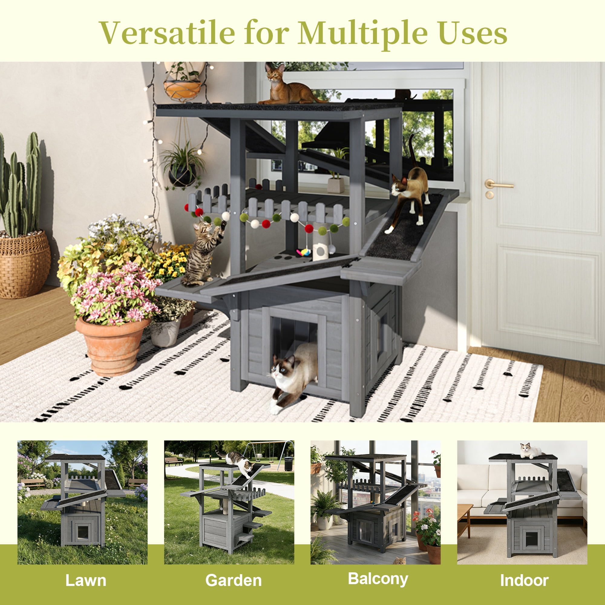 DRNANLIT 4 Tiers Outdoor Cat House, Weatherproof Cat Tree Tower with Waterproof Roof & 2 Doors, Feral Cat Shelter Outside Enclosure, Multi-Level Play Zones with Balcony, for Small Animals, Grey