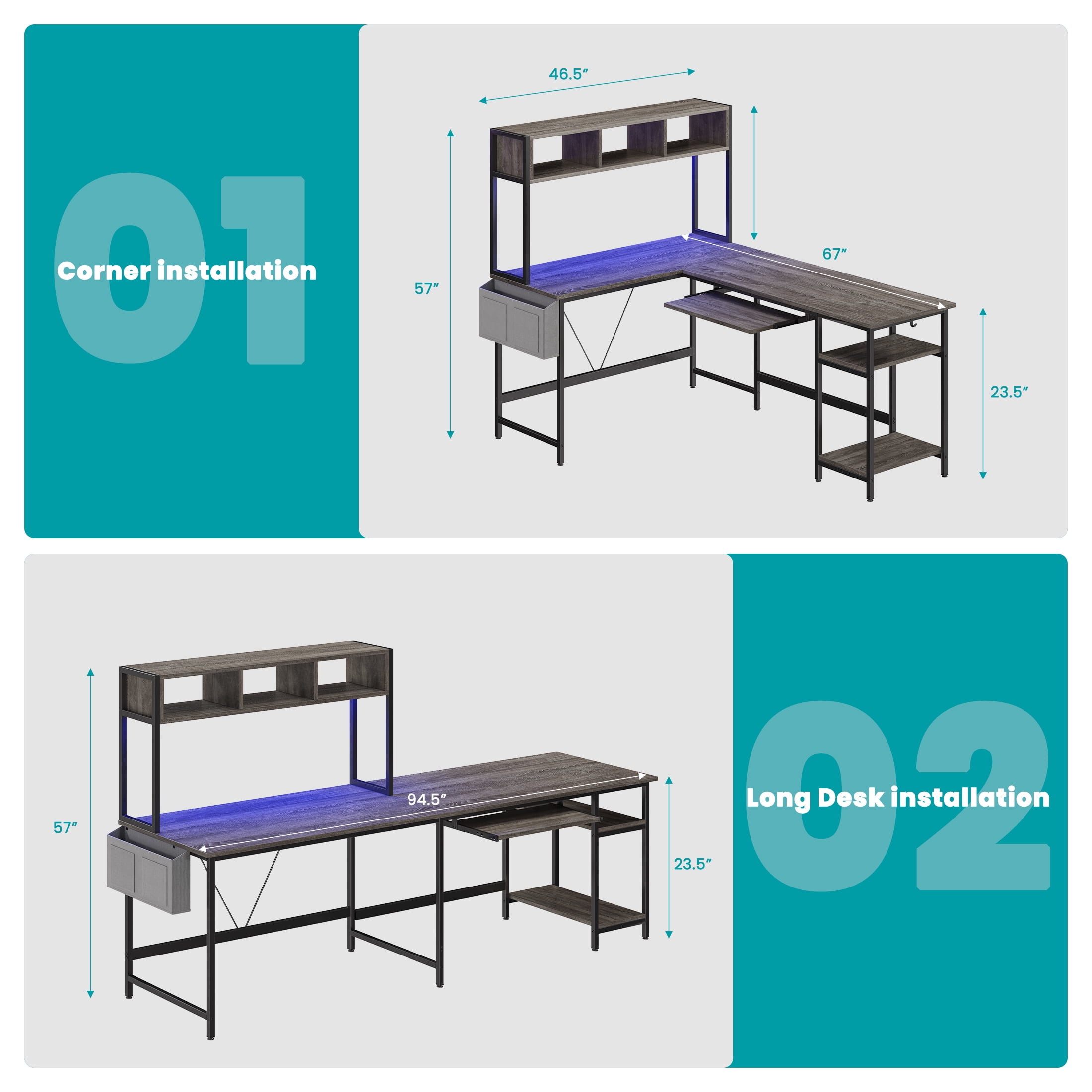 EDX 67'' L Shaped Computer Desk with LED Light, Shelf & Storage Bag & Keyboard Tray Corner Desk, Gray