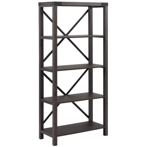 Pemberly Row 64" Metal X Bookcase with 4-Fixed Shelves in Sable