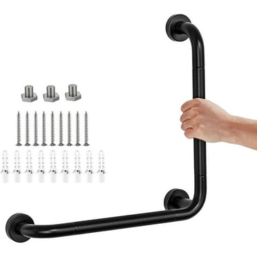 Angled Grab Bar - 16x16 Inch Stainless Steel Knurled Toilet Handles Wall Mounted Bathroom Handicap Safety Rails for Elderly Injured Balance Support, L-shaped Matte Black Grab Bar for Shower