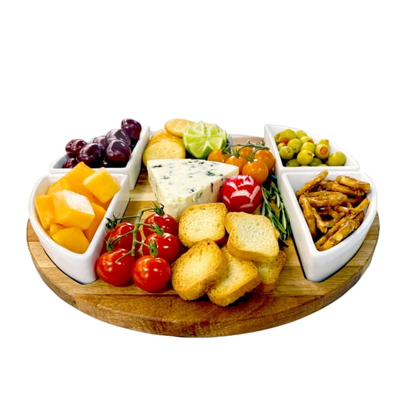 JS Gourmet Acacia Cheese Board with 4 Ceramic Bowls and 2 Gold Cheese Knives