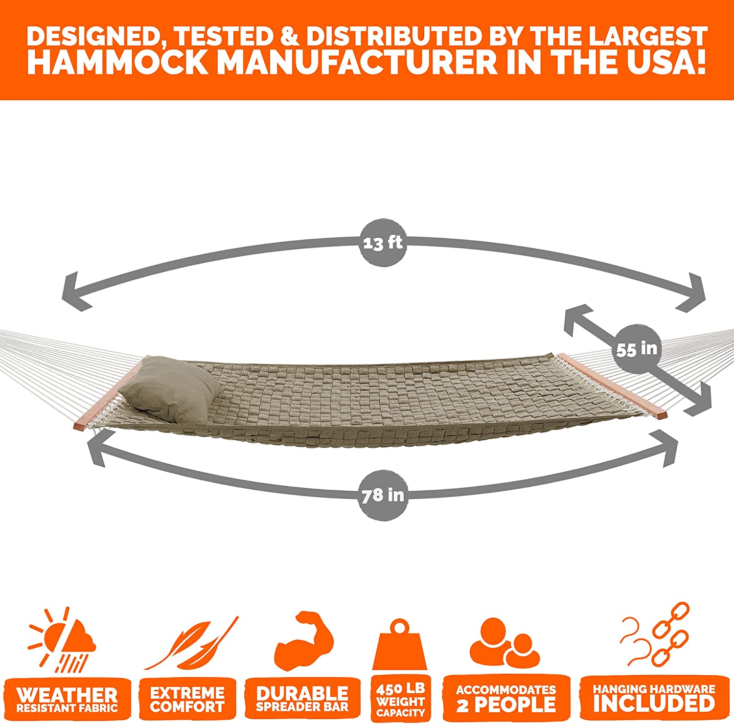 Castaway Living 13 ft. Large Flax Soft Weave Hammock with Detachable Pillow, Free Extension Chains, Tree Hooks & Storage Bag