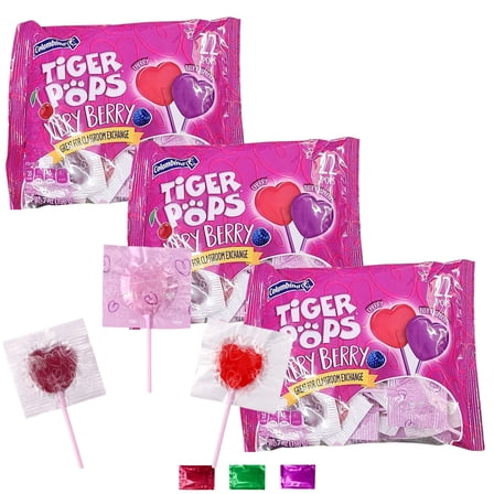 Valentines Day Tiger Pops Very Berry Heart Pops Pack of 3, Cherry & Blue Raspberry Flavor, 22 Individually Wrapped Lollipops for Kids Party Favors Classroom Exchange w/ Snoep in Beperkte Oplage
